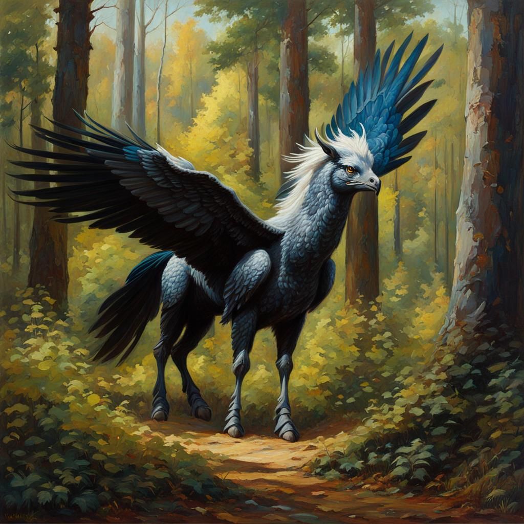 Hippogriff in Woods: Oil Painting in Tall Shot