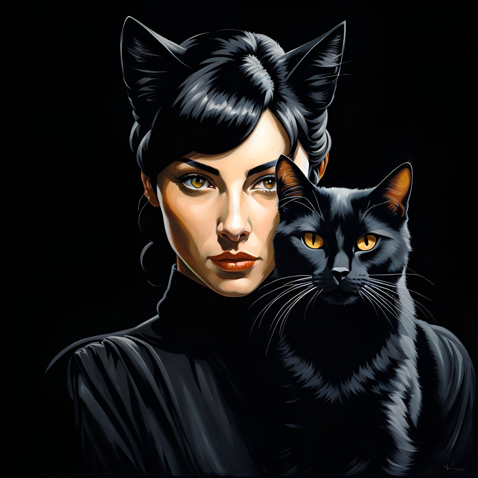 Beautiful Woman with Cat, Oil Painting in Caravaggio Style