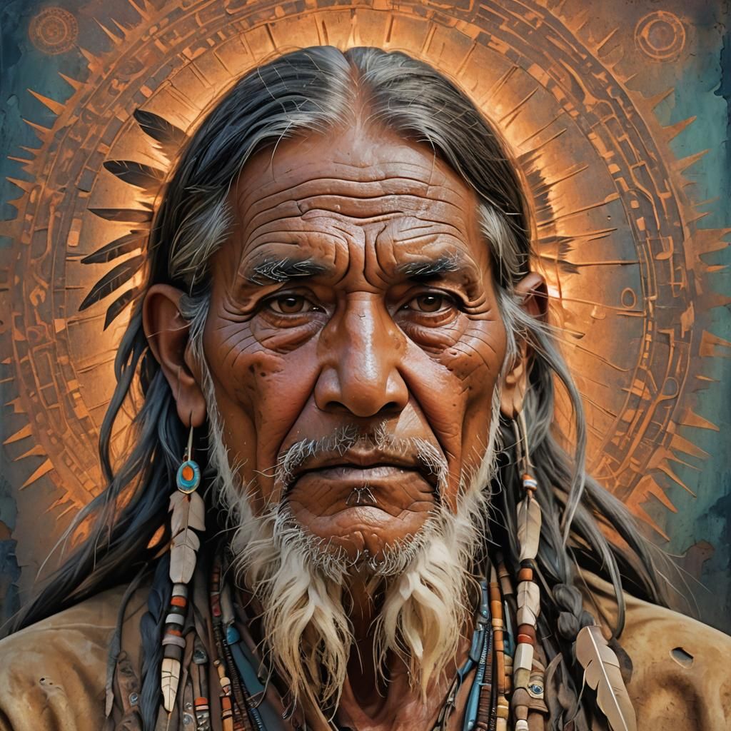 An old  Native American man staring into the camera with lon...