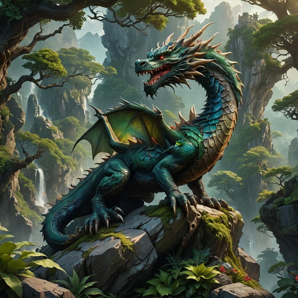 Majestic Dragon Perched in Lush Greenery