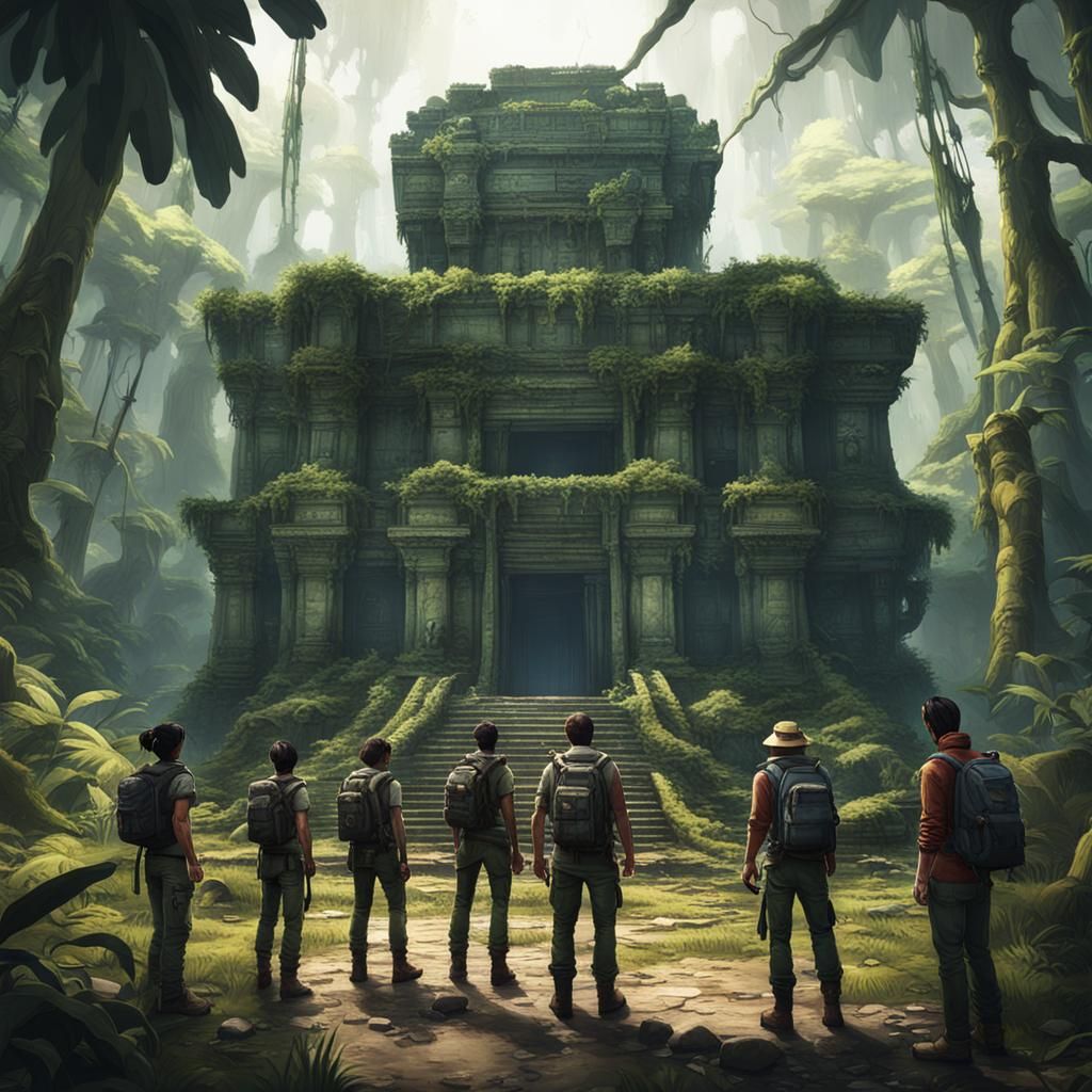 Adventurers at Jungle Temple in Transistorpunk Style