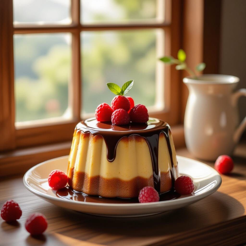 Chocolate Pudding with Strawberries in Ghibli Style