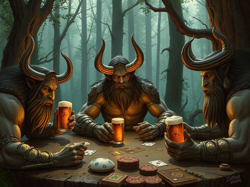 Mythical Minotaurs Gather for a Forest Poker Night in a Tave...