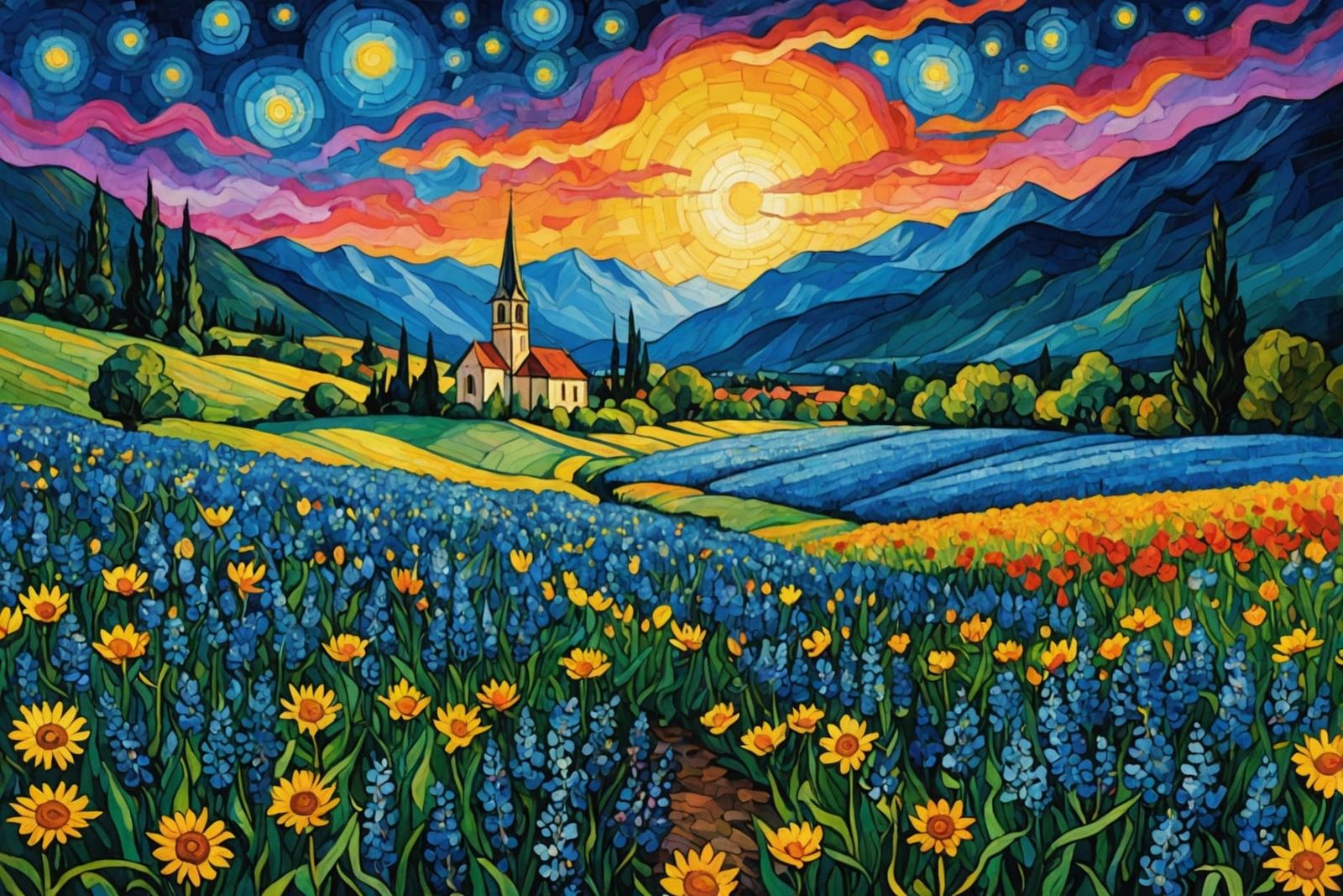 Blue Flowers Field, Gothic Watercolor Painting