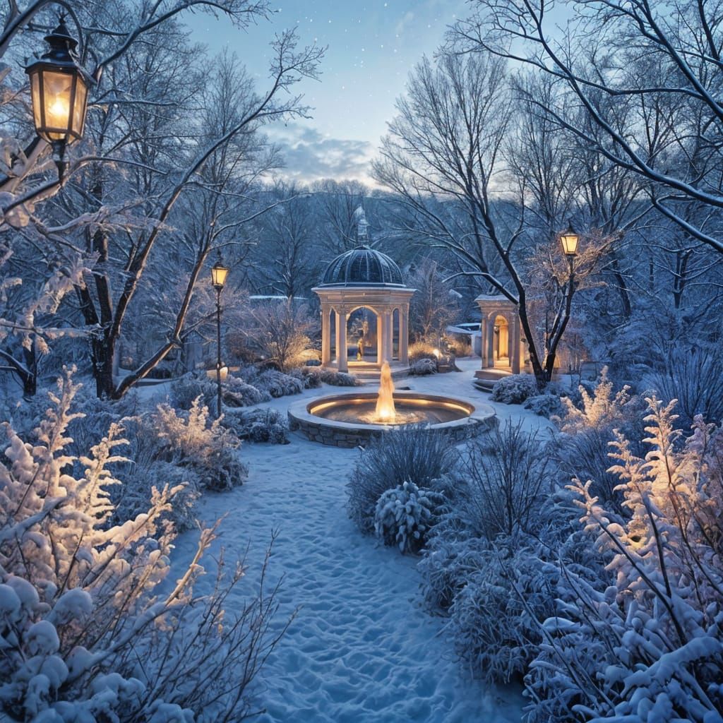 Surreal Winter Garden at Twilight with Bioluminescent Flora