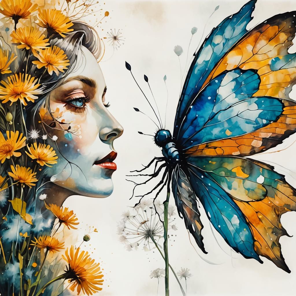 Ethereal Woman in Dandelion Dreamscape, Surreal Portrait