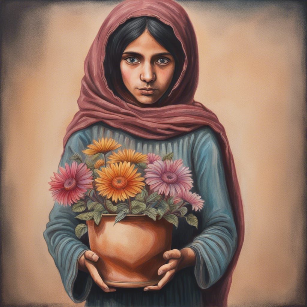 Afghan Girl with Flower Pot in Surreal Chalk Art