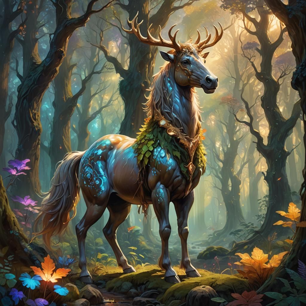 Mystical Centaur in Forest, Vibrant Oil Painting