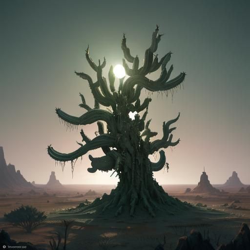 Cactus Demon in Barren Landscape: Dark Fantasy Art