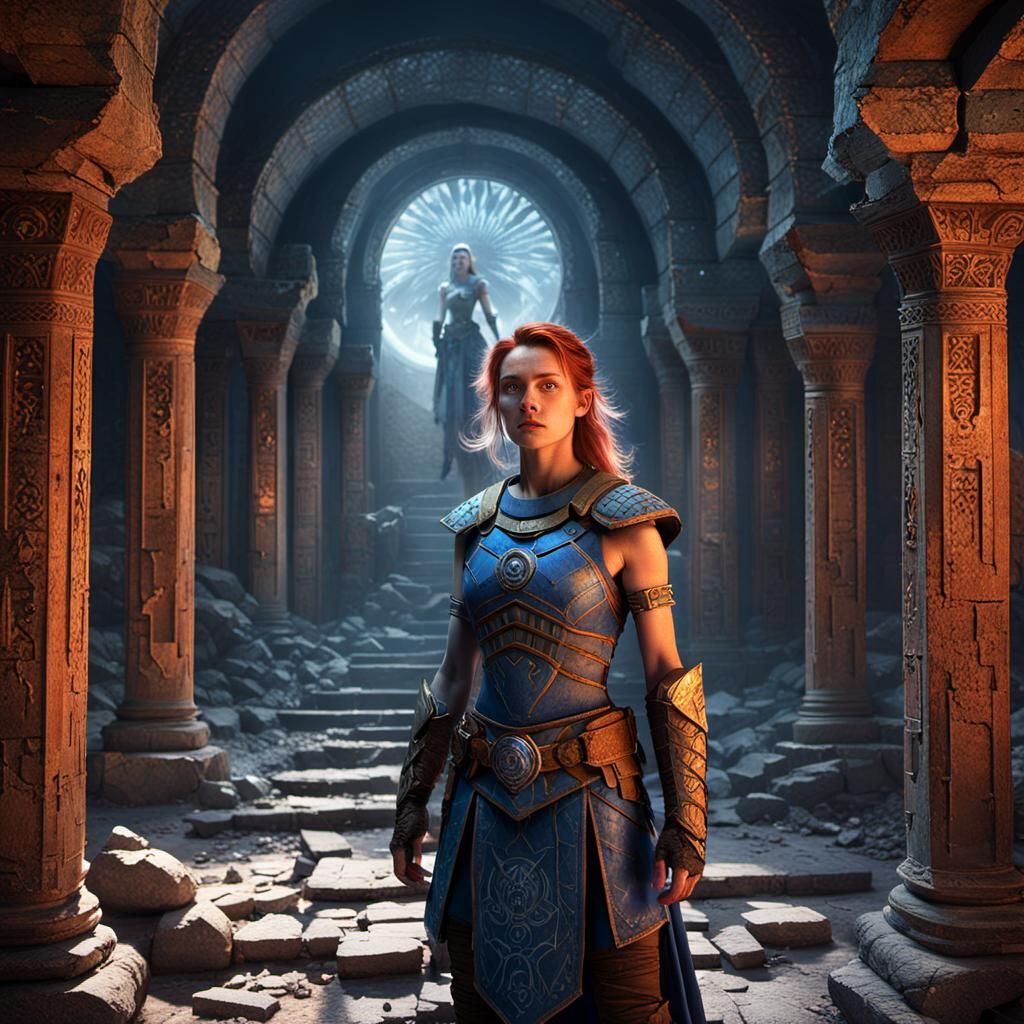 Fantasy War Maiden in Ruined Temple Art