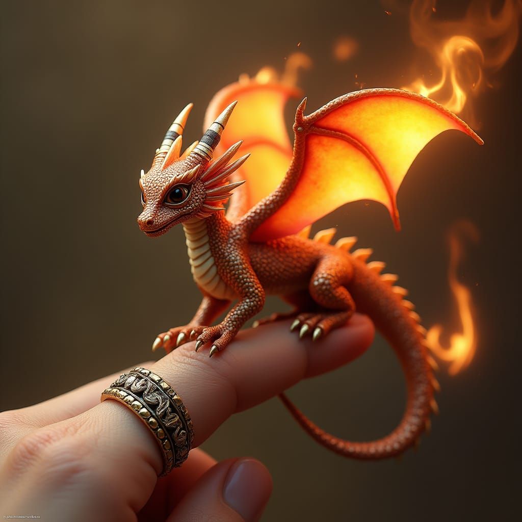 Miniature Fire Dragon on Finger, Matte Painting