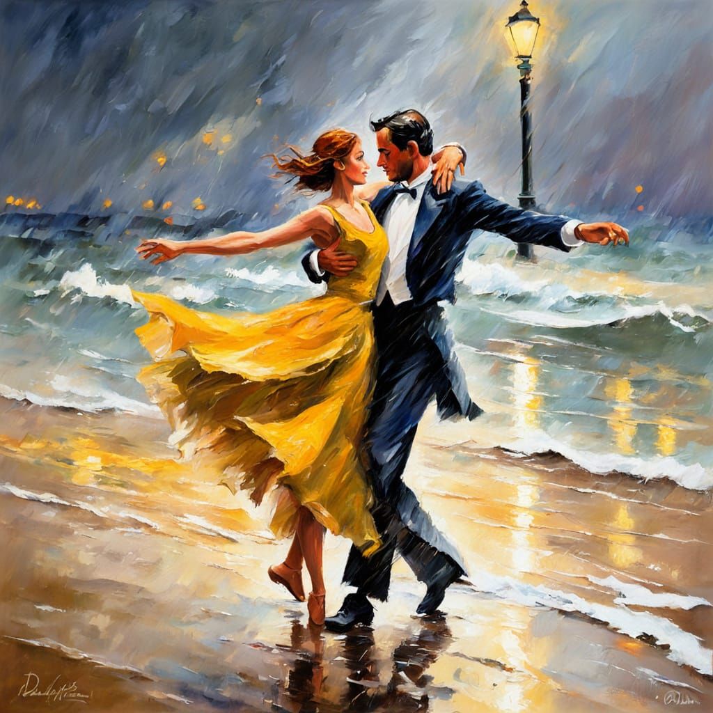 Romantic Beach Waltz in Impressionist Oil Painting