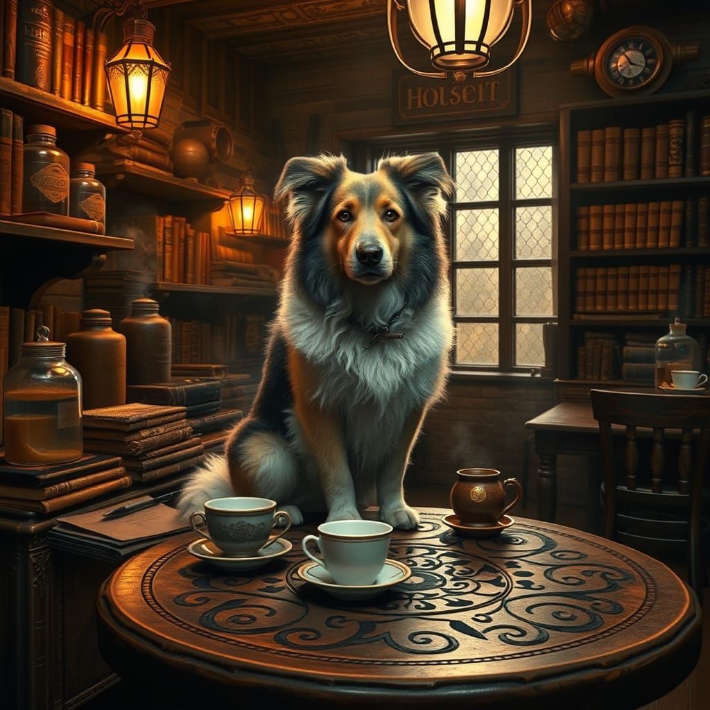 Dog in Mystical Cafe: A Matte Painting