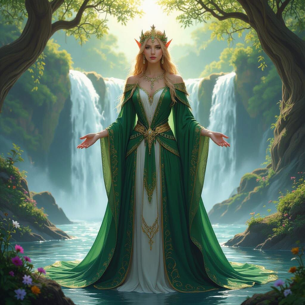 Elven Queen in Emerald Robes Before Waterfall, Art Nouveau