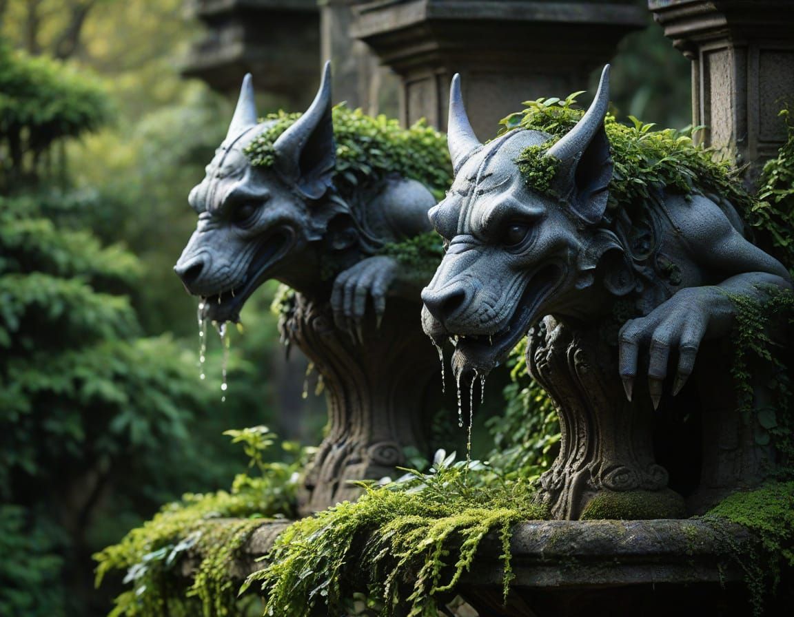 Gothic Gargoyle Fountain in Misty Rose Garden
