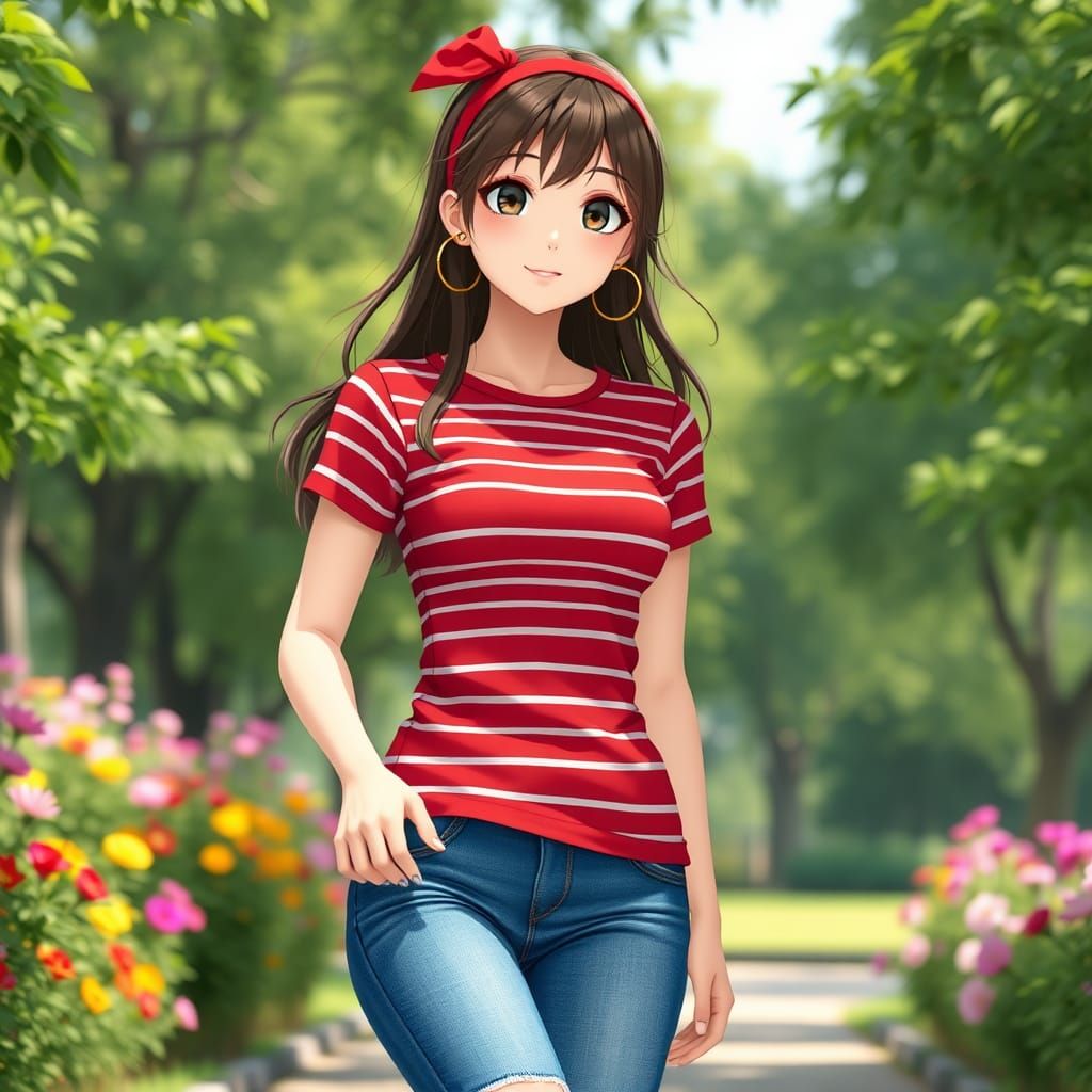 Anime Girl Strolling Through a Lush Park