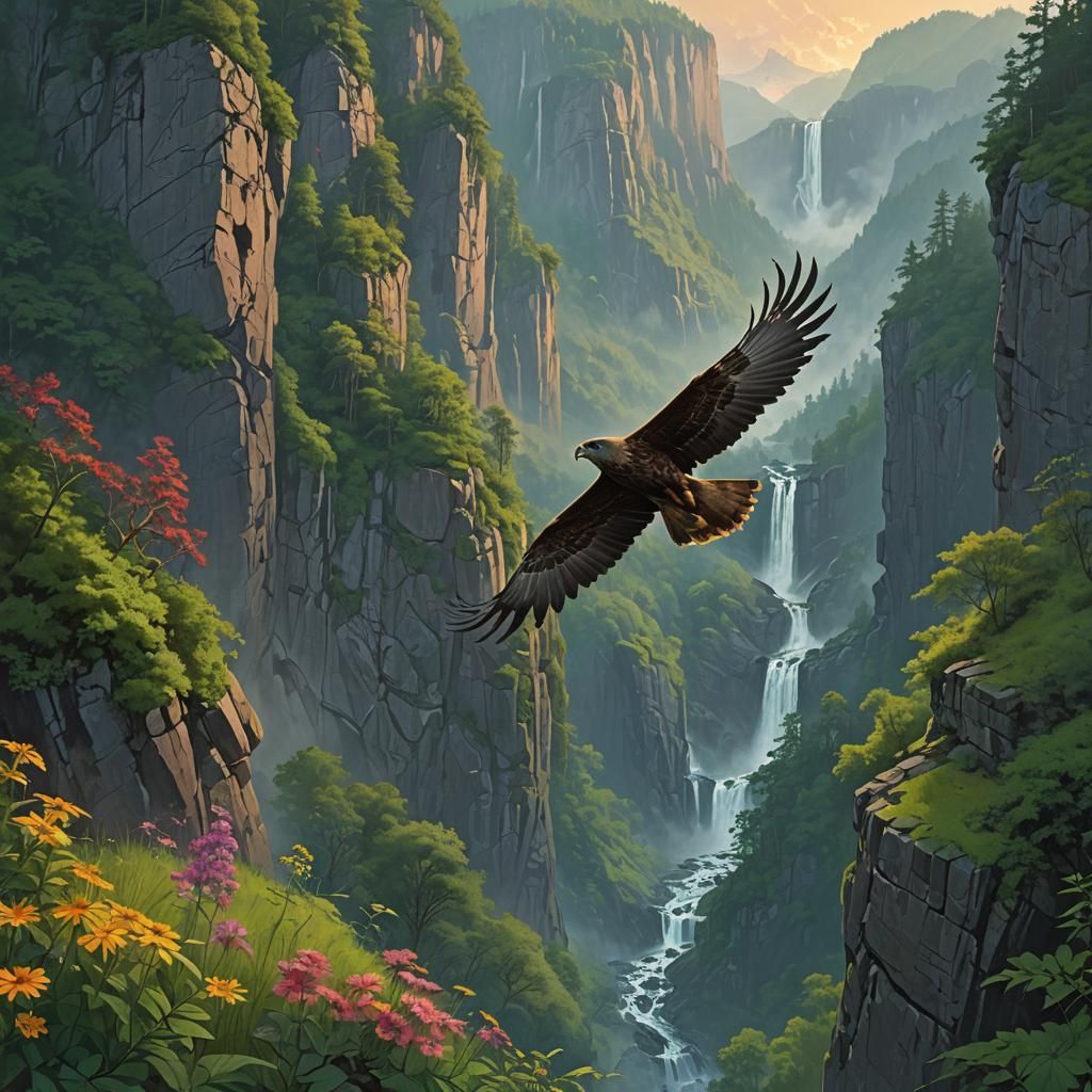 Hawk Soaring Over Mountain Ridge: Fantasy Matte Painting