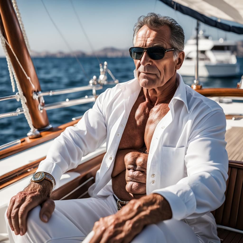 Relaxing Muscular Greek Man on Yacht