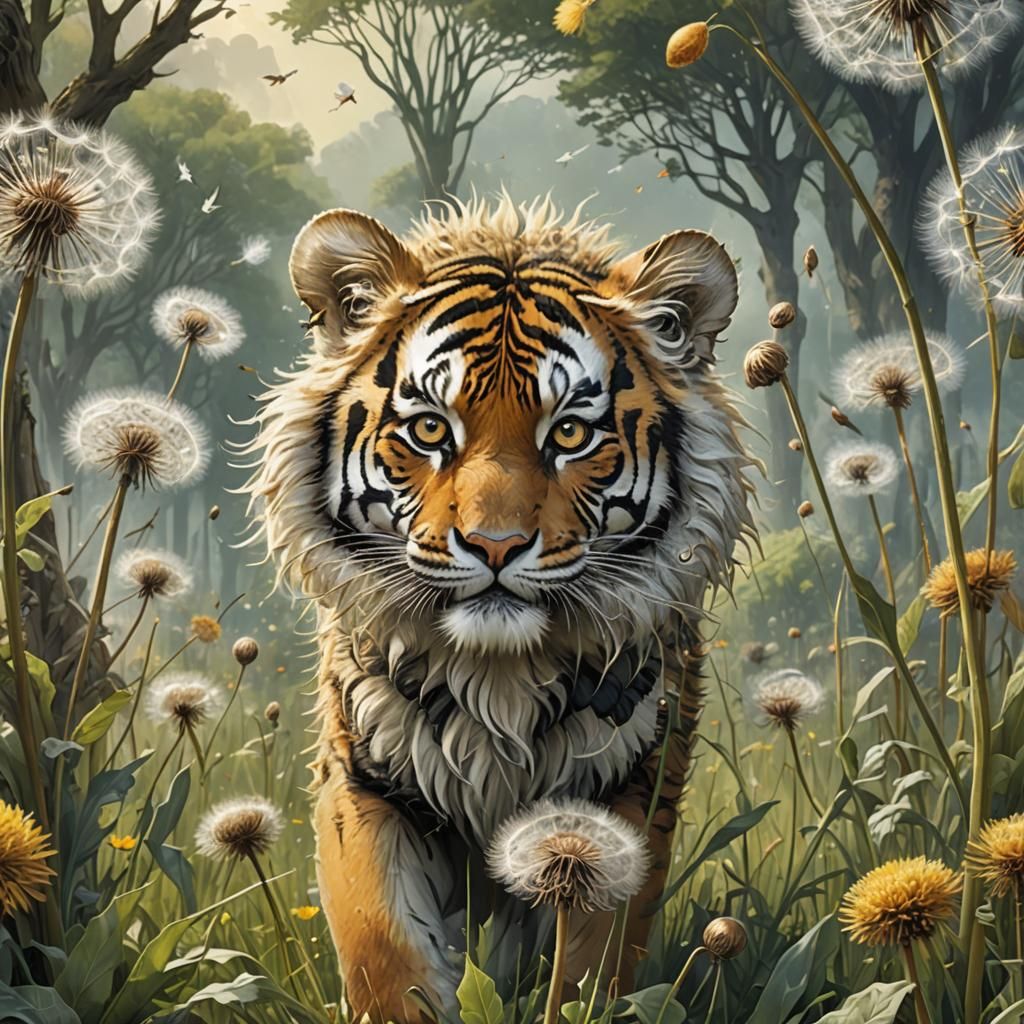 Tiger-Headed Dandelion Seed in Park, Detailed Art