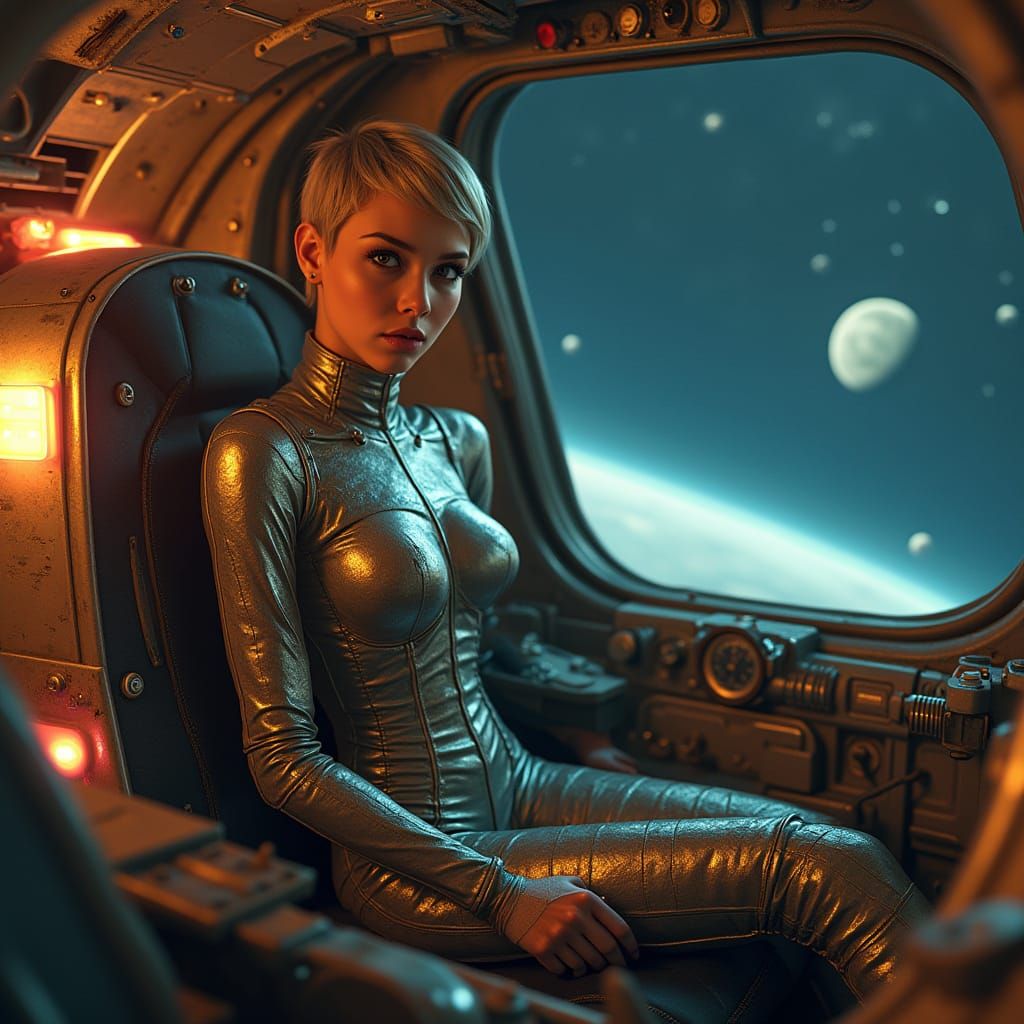 Heroic Space Girl in Vintage Rocket Ship with Neon Lights