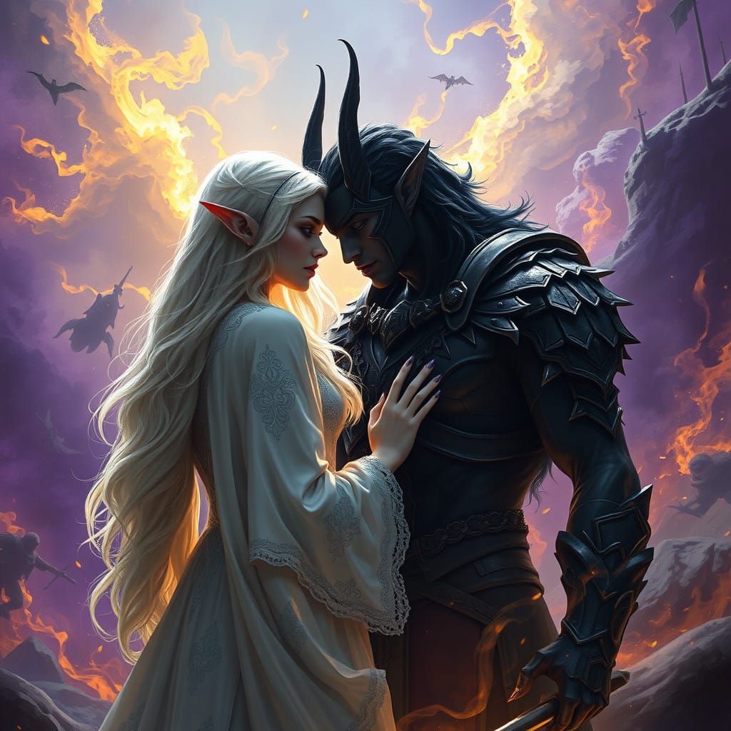 Ethereal Priestess and Warrior in War-Torn Landscape