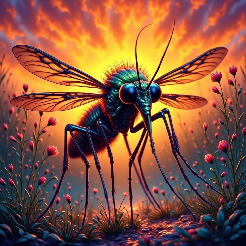 Adorable Mosquito Soars Amidst Vibrant Sunset Swamp