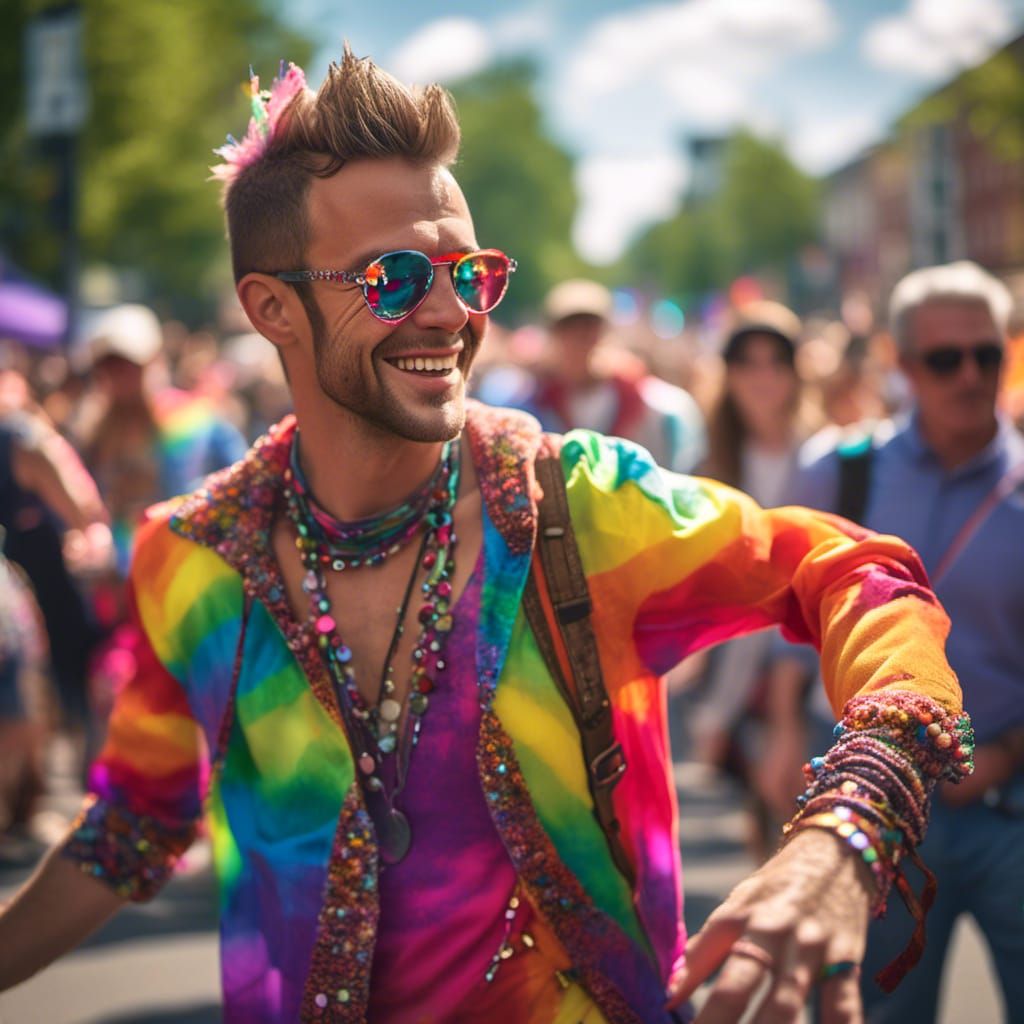 dancing man at a  pride parade
