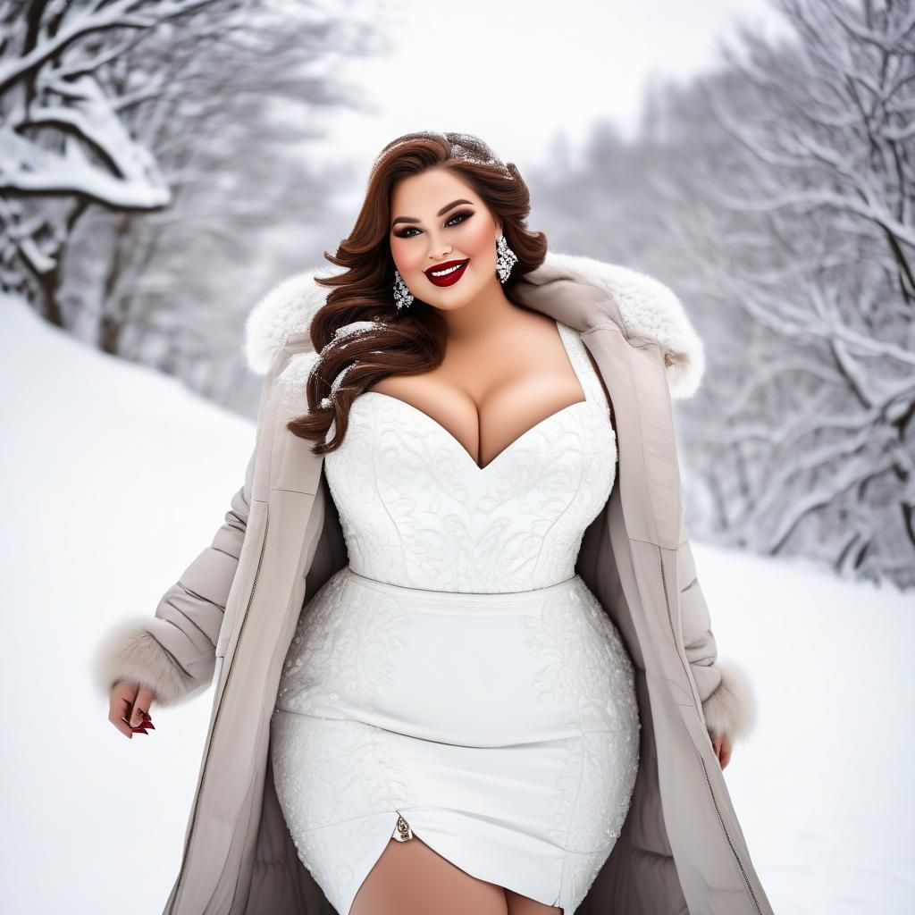 Curvy Woman Tobogganing Down Snowy Hill