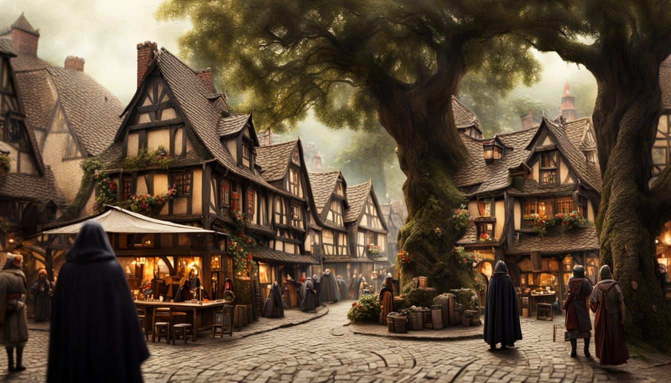 Medieval City Tavern Scene in 19th Century Style