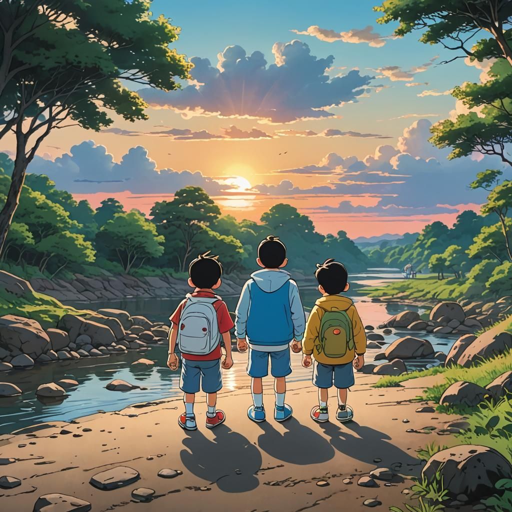 Doraemon and Nobita at Sunset, Cel-Shaded Anime