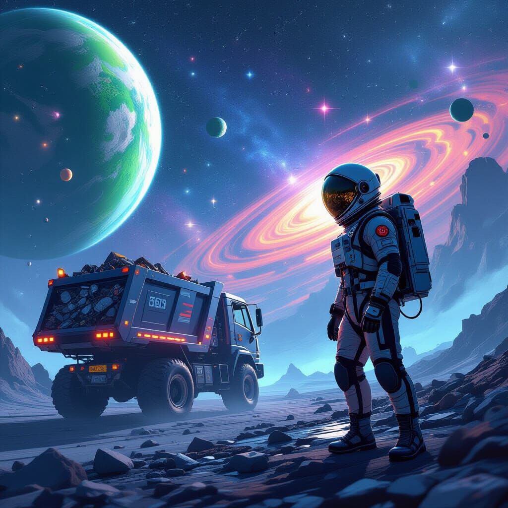 Astronaut and Cosmic Garbage Truck in Space