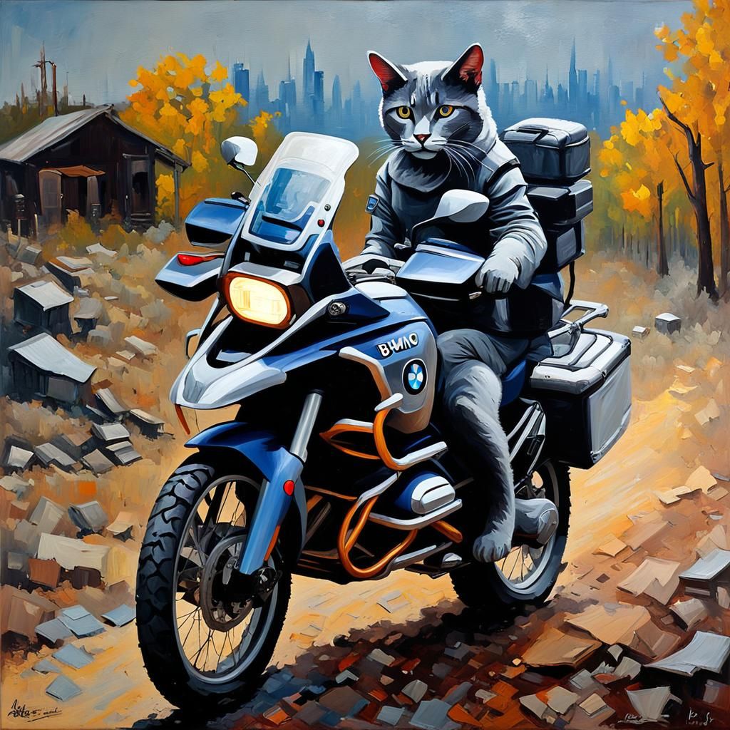 Korat Cat Rides Motorcycle Through Wasteland Impasto Paintin...