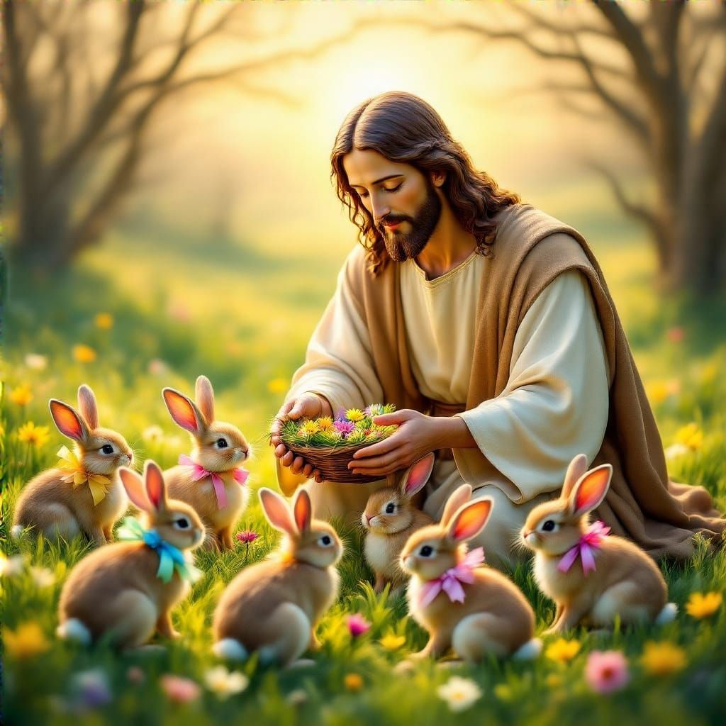 Jesus in Americana Style Tending to Easter Bunnies in a Vibr...