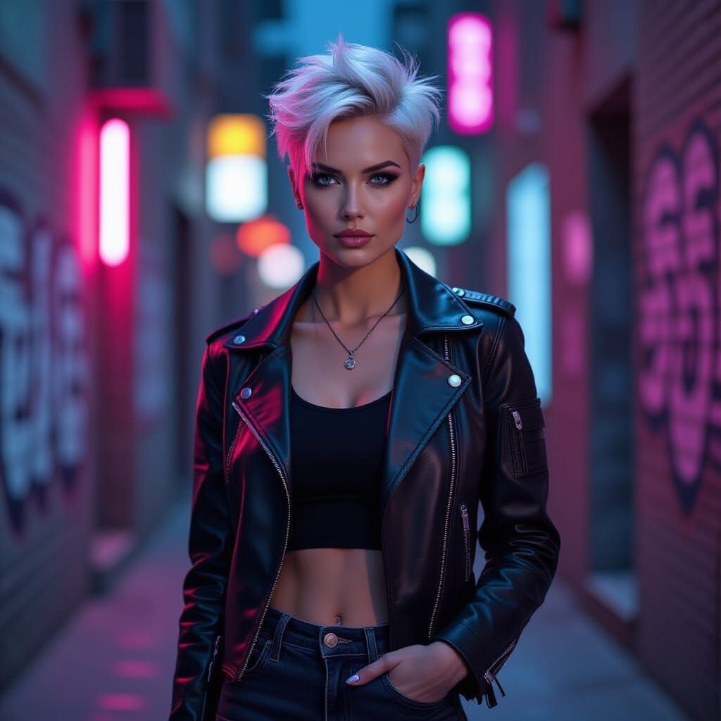 Cyberpunk Slavic Woman in Neon Alleyway