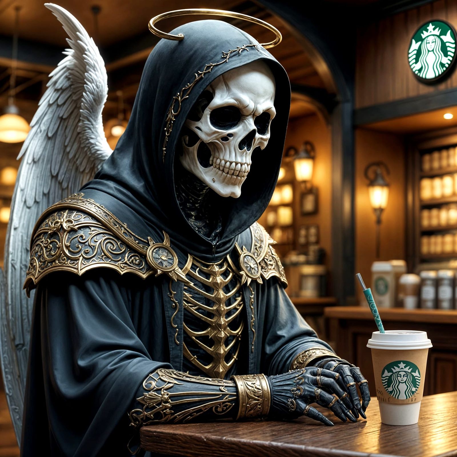 Grim Reaper in Coffee Shop: A Moody Fantasy Portrait