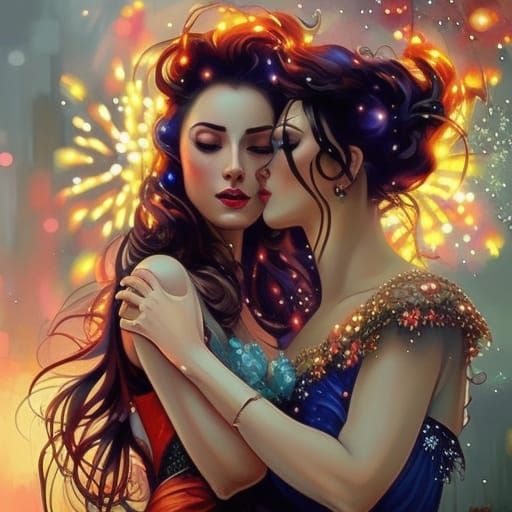 Romantic Kiss Amidst Fireworks, Hyperdetailed Digital Art