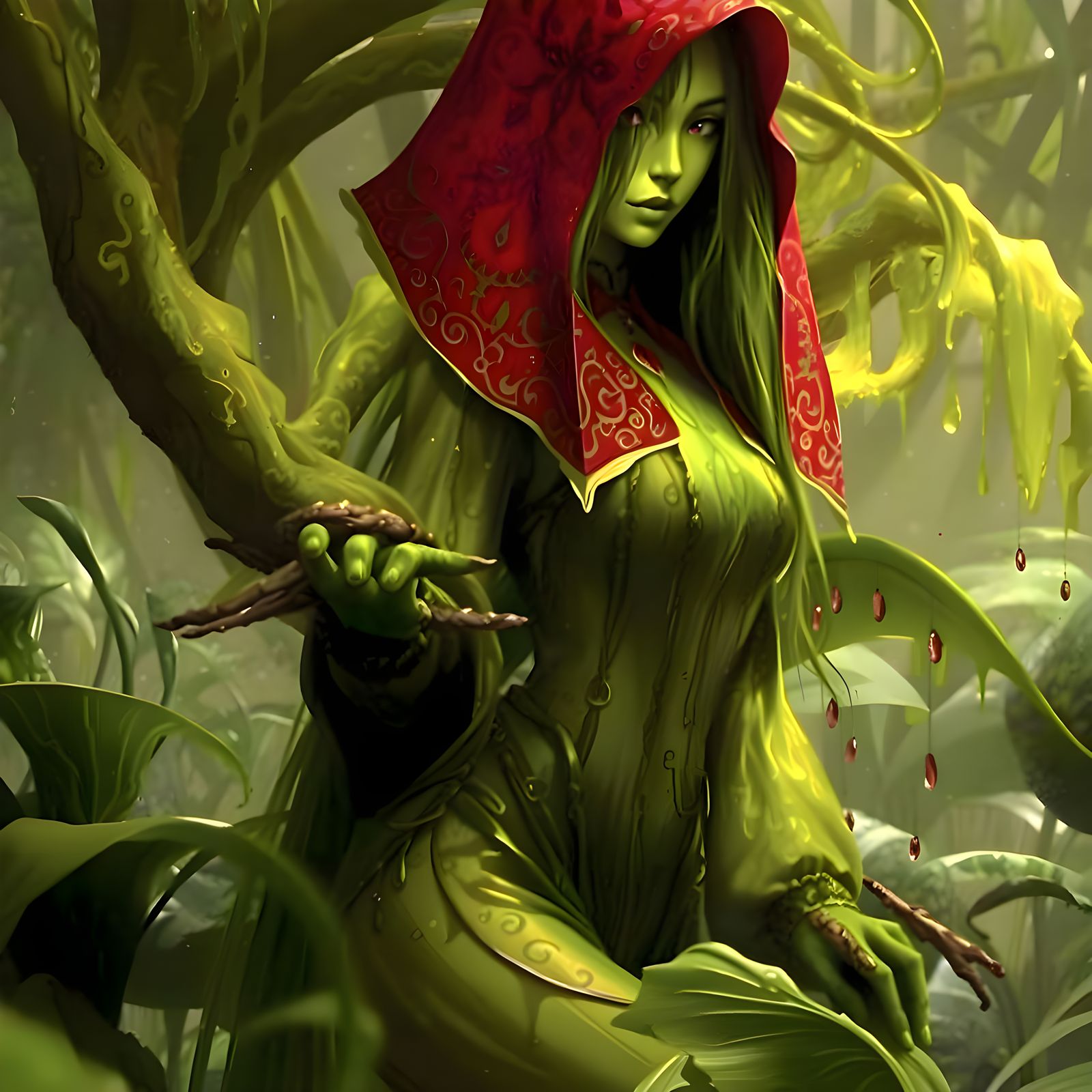 Whimsical Teen Plant Girl in Lush, Vibrant Slime Coat