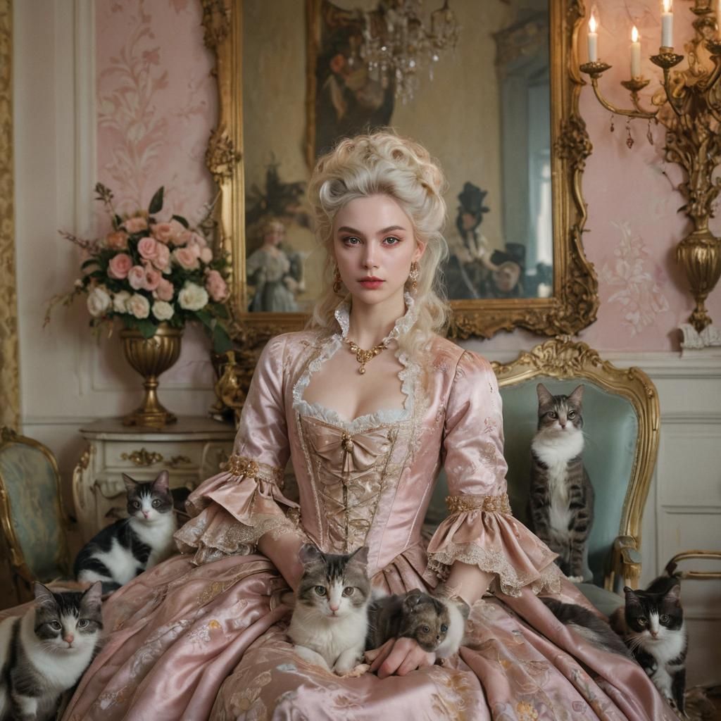 Vampire with Cats: Rococo Portrait in Pastel Colors
