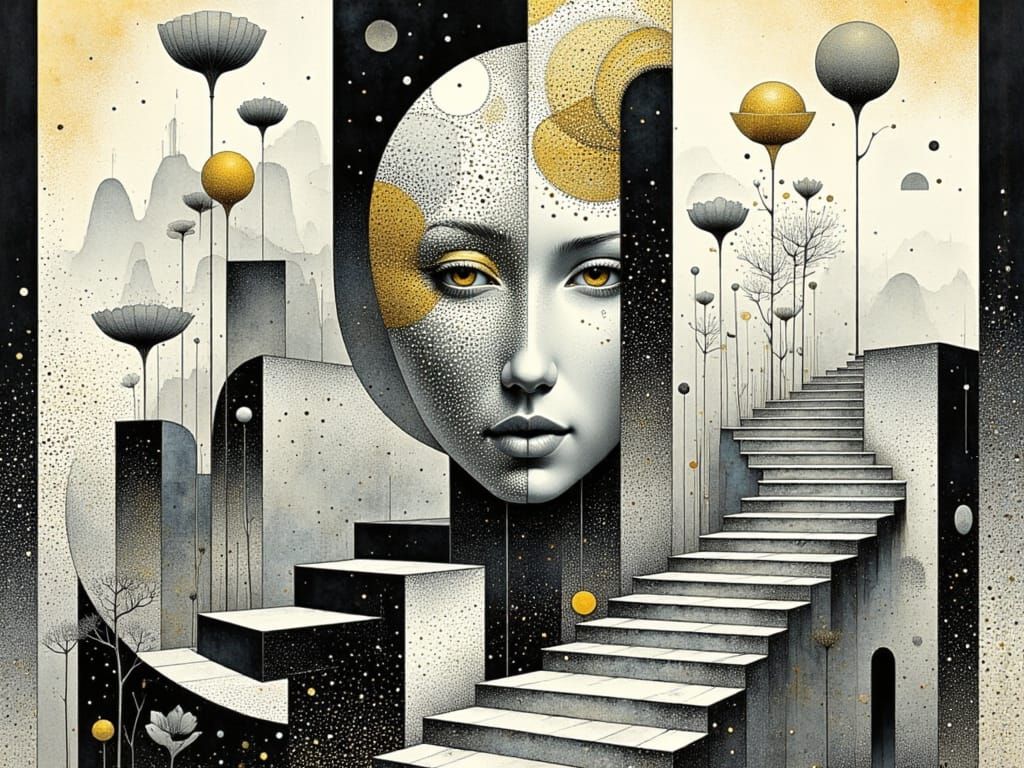 Surreal Carnival Masks Dance in a Dreamlike, Escher-Inspired...