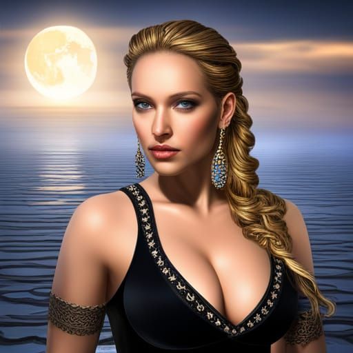 Hyperrealistic Blond Woman with Braids and Ocean Backdrop