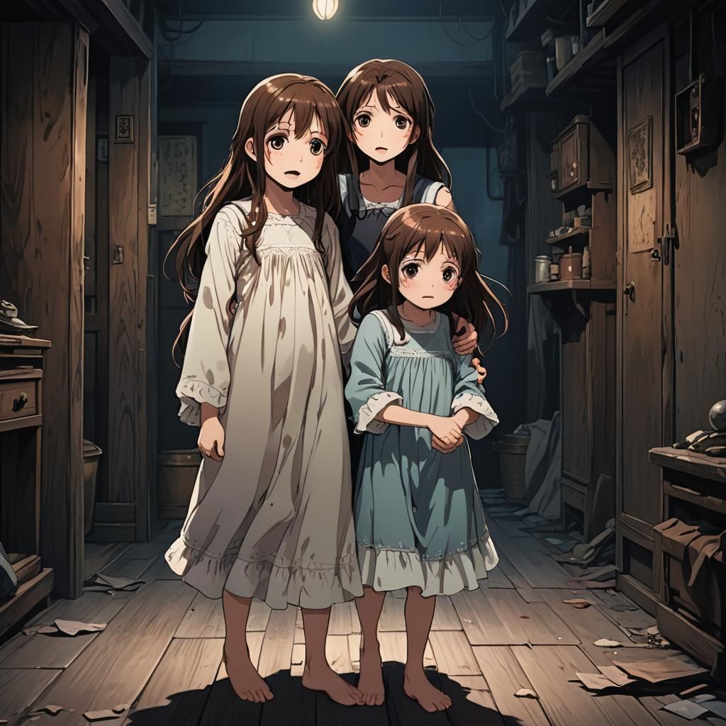 Terrified Anime Sisters in Ominous Room
