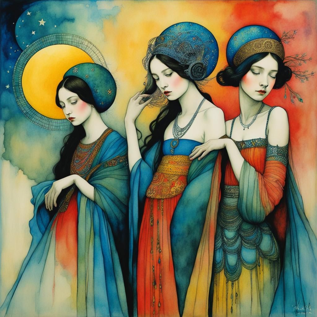 Watercolor Princess on Mount Olympus in Ink Style