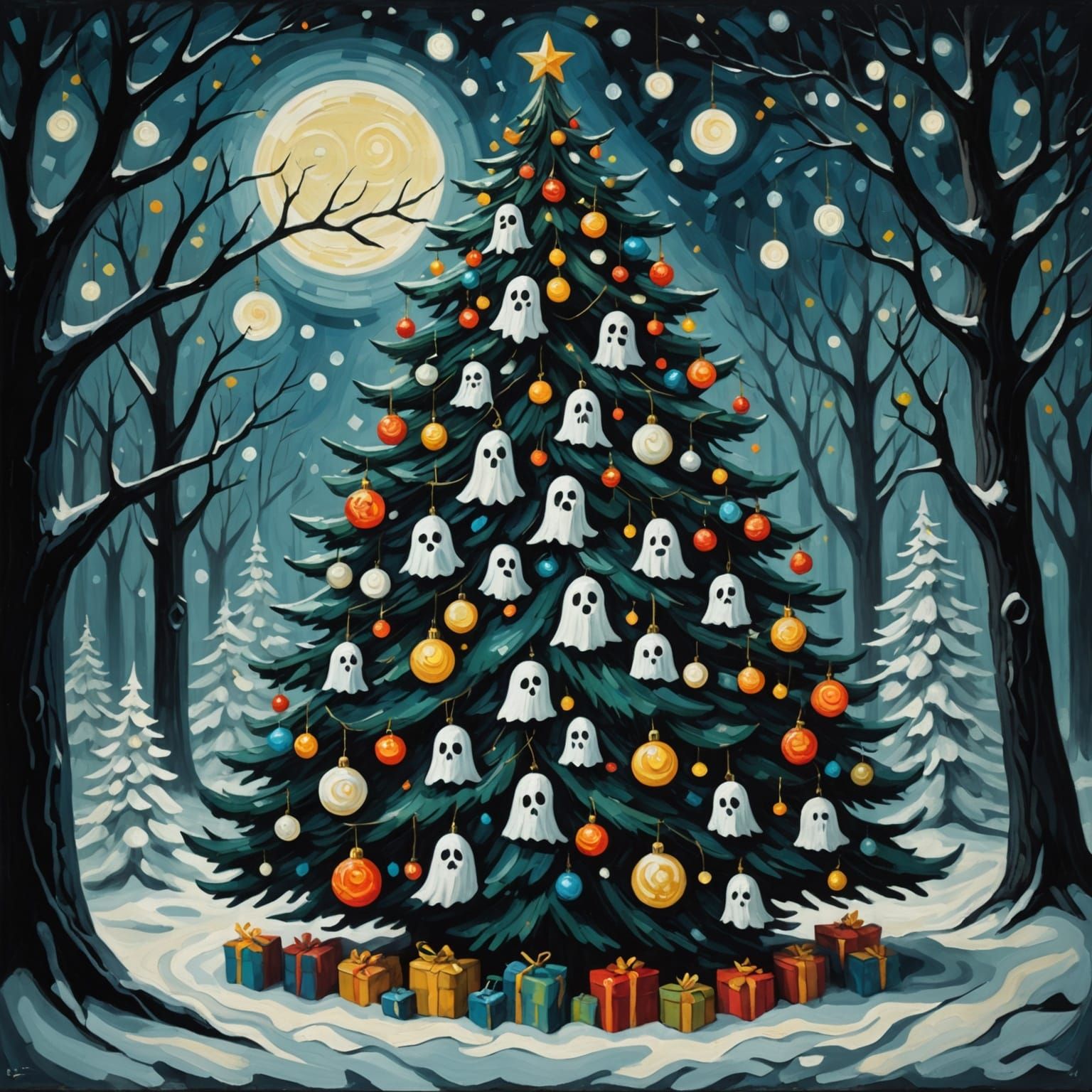 Ghastly Ghost Ornaments on Christmas Tree in Dark Forest