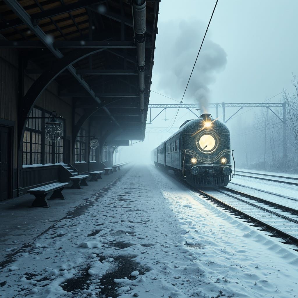 Ethereal Train Departs Snowy Station in Magical Winter Scene