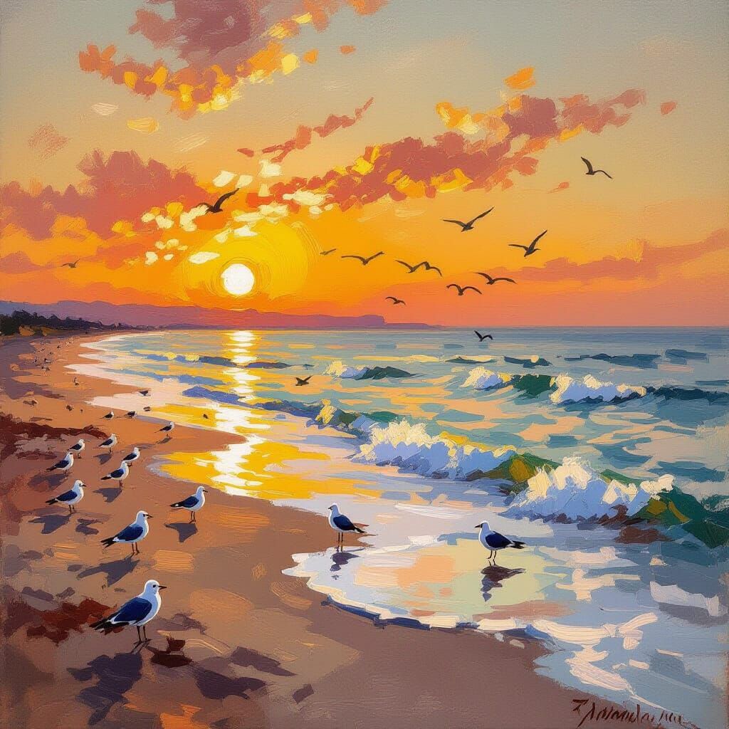 Serene Seaside Sunset with Gentle Waves and Seagulls