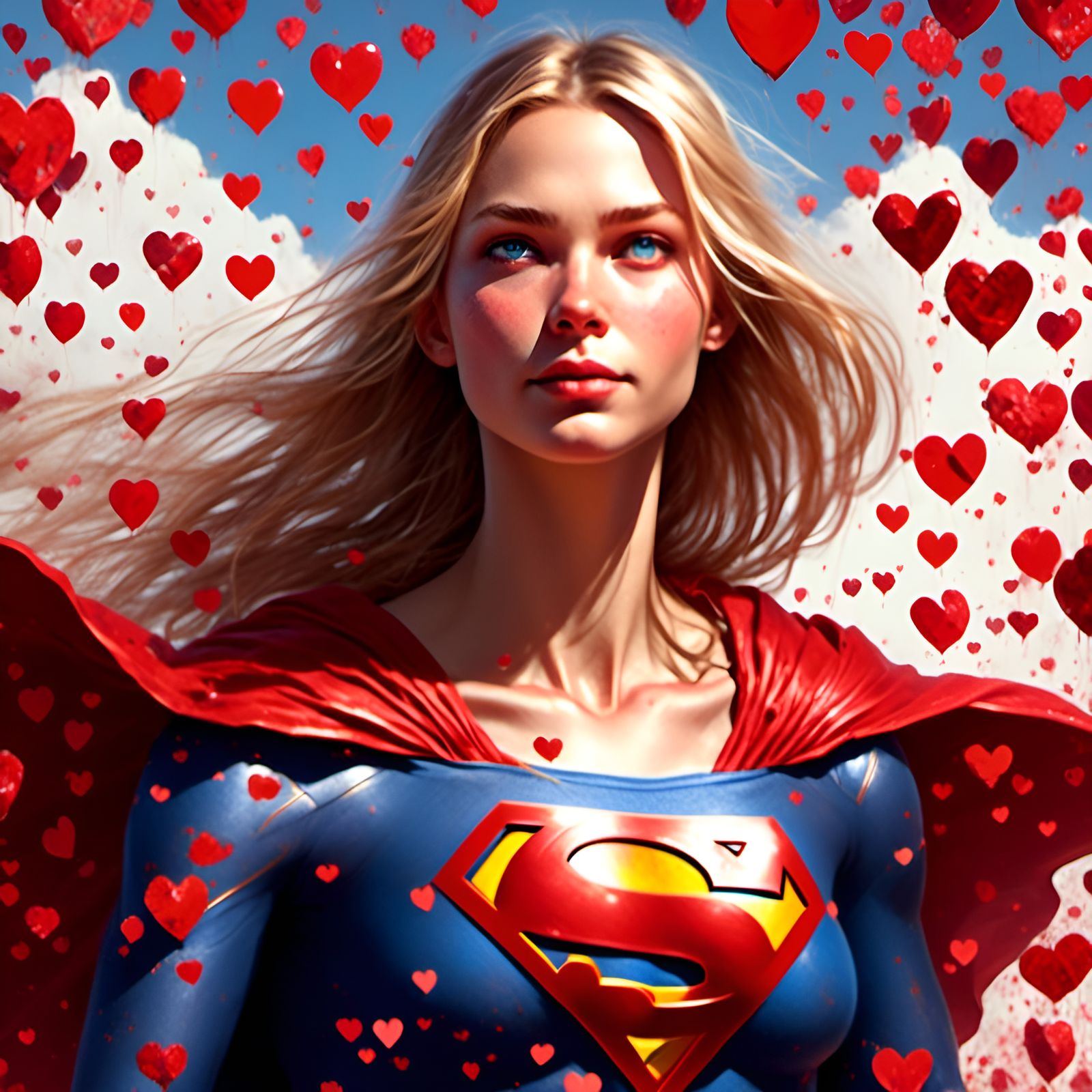 Supergirl Portrait with Hearts in Romantic Realism