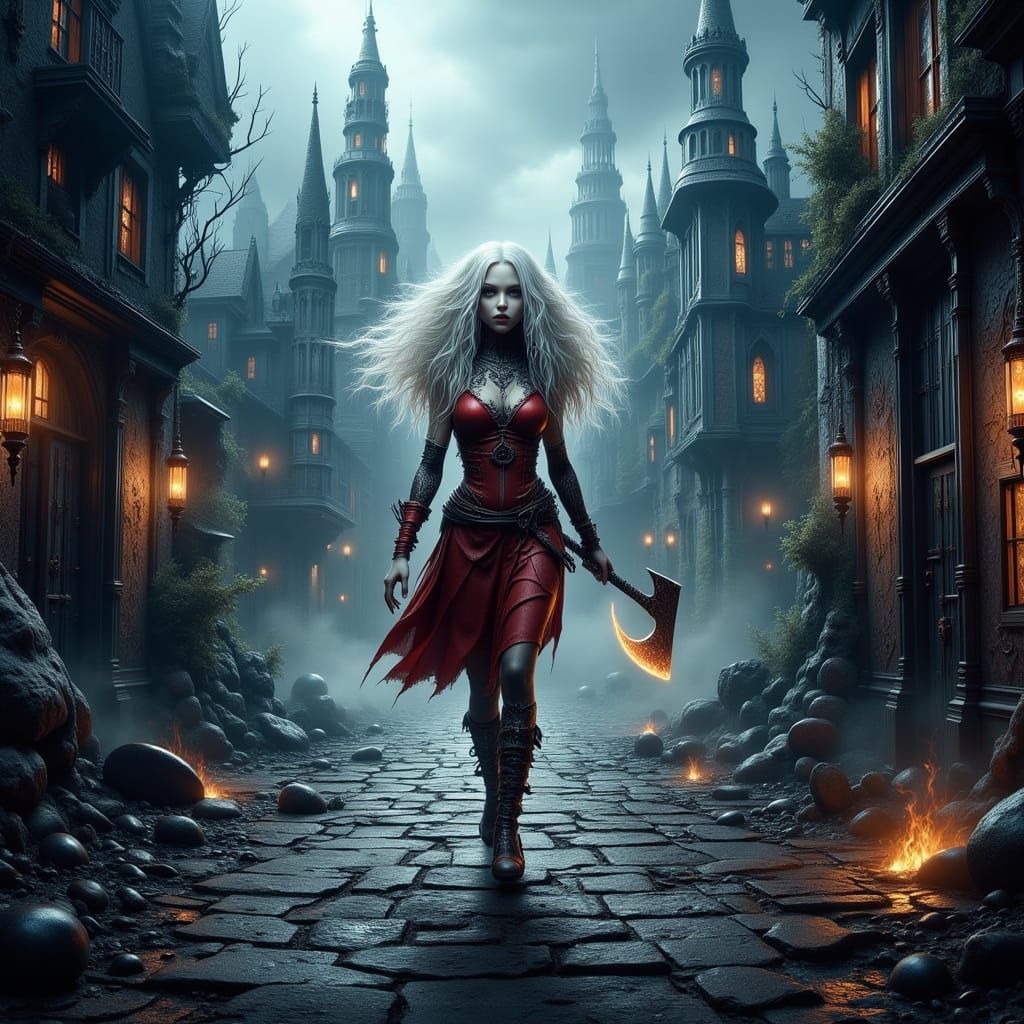 Albino Elf Maiden in Red Leather in a Wicked City