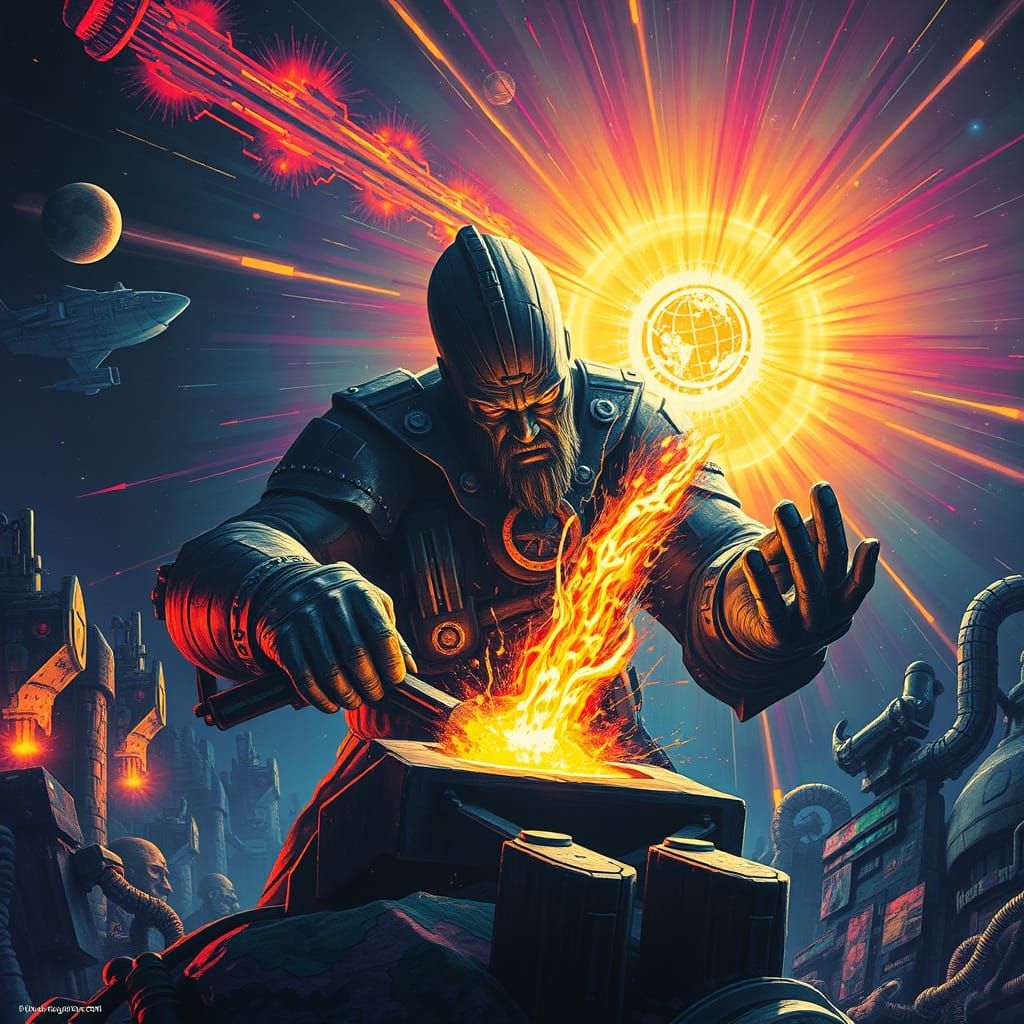 Cosmic Blacksmith Forging Worlds: Sci-Fi Art