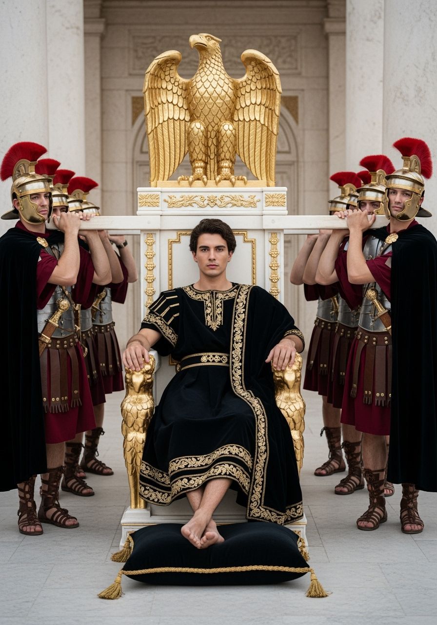 Young Emperor on Eagle Throne in Opulent Roman Style