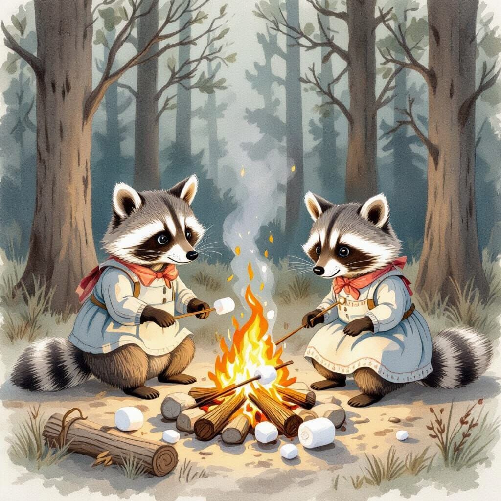 Raccoon Family Campfire in Beatrix Potter Style
